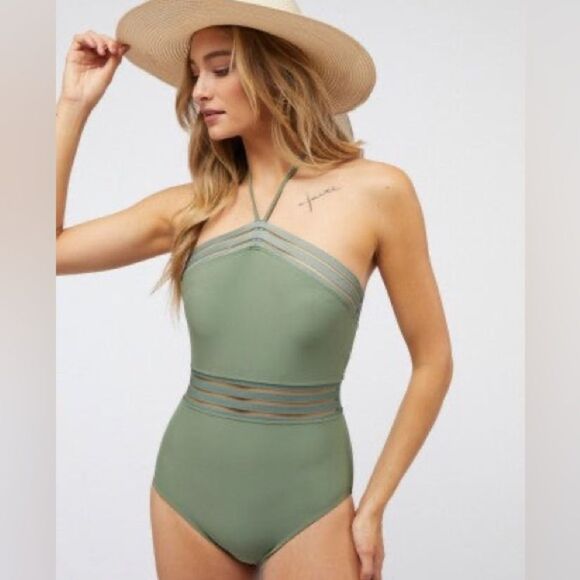 Mesh Cutout Halter Swimsuit S - Sage Green - Picture 1 of 7